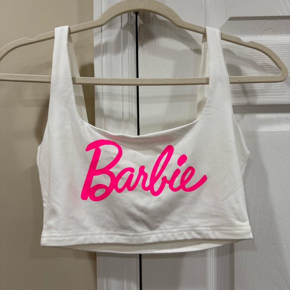 White Crop Top with Pink Barbie Logo